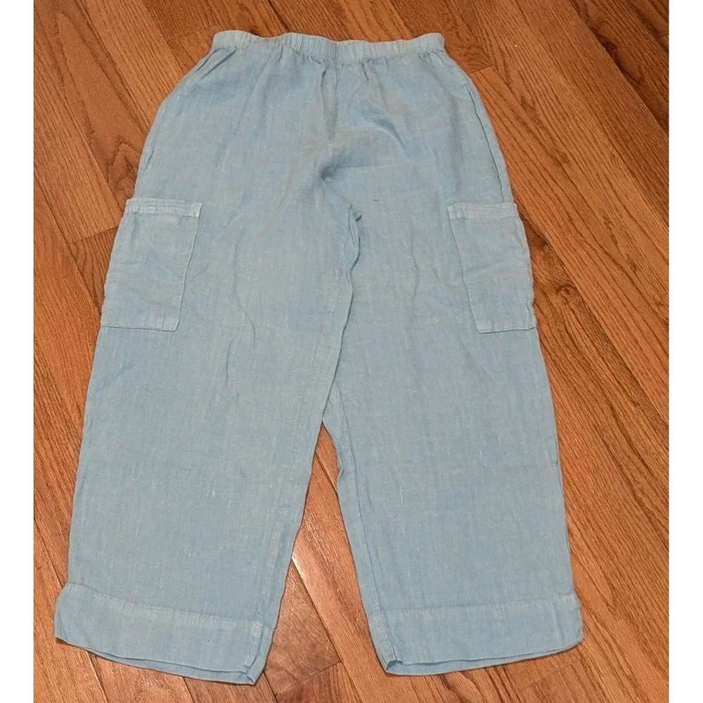 Coastal Cottagecore Linen Crop Cargo Pants Sky Blue Hot Cotton Size S